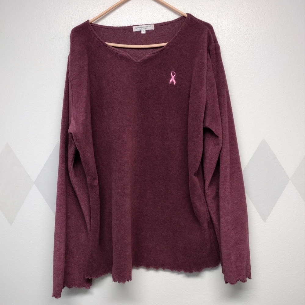 Breast cancer awareness deep mauve color pullover with lettuce hems, size XL